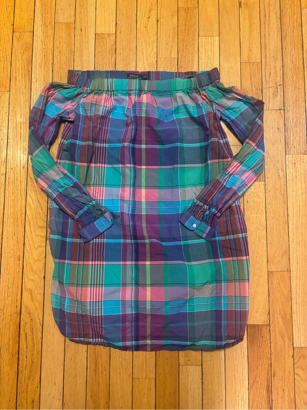 Ralph Lauren Polo Teal Purple Pink Plaid Off-Shoulder Long Sleeve Dress